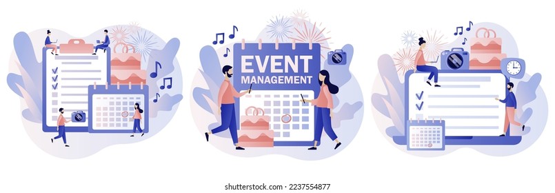 Event management. Manager planning event, conference or party. Professional organizer. Wedding planner. Schedule. Modern flat cartoon style. Vector illustration on white background