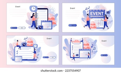 Event management. Manager planning event, conference or party. Professional organizer. Wedding planner. Screen template for landing page, template, ui, web, mobile app, poster, banner, flyer. Vector 