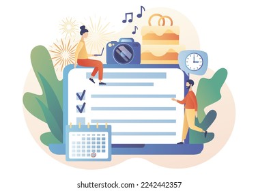 Event management. Manager planning event, conference or party. Wedding planner online. Professional organizer. Schedule. Modern flat cartoon style. Vector illustration on white background
