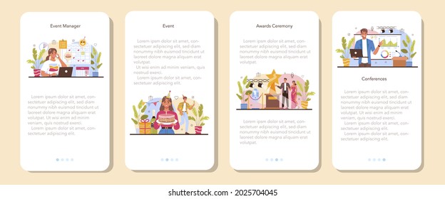 Event management mobile application banner set. Holiday, ceremony or corporate meeting organization. PR company or business conference planning. Isolated vector illustration
