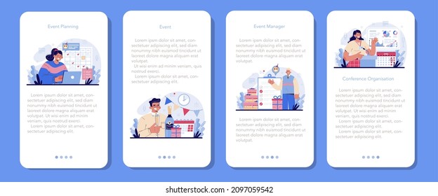 Event management mobile application banner set. Holiday, ceremony or corporate meeting organization. PR company or business conference planning. Isolated vector illustration