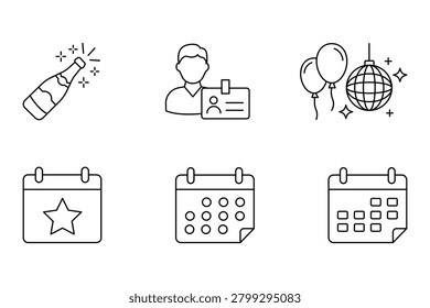 Event management and party celebration line icon set including calendar schedule planner champagne disco ball and staff badge vector illustration.