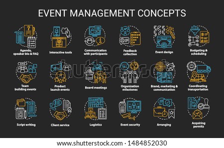 Event management & planning chalk concept icons set. Corporate special event industry idea. Meeting, conference planner, organizer. Vector isolated chalkboard illustration