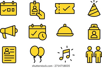 Event Management and Planning Icons Set with Schedule Notification and Celebration Symbols