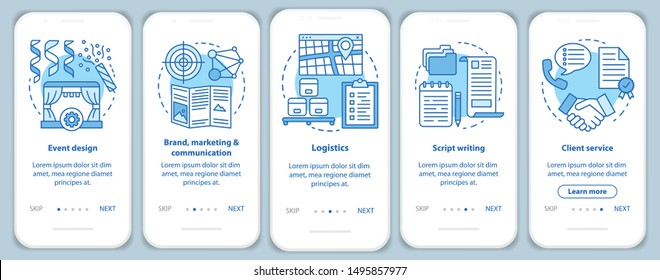 Gestión de eventos, planificación de la pantalla de la aplicación móvil con conceptos lineales. Marca, marketing y comunicación, servicio al cliente. Instrucciones gráficas de tutorial. UX, UI, plantilla vectorial GUI