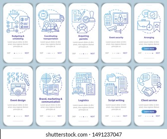 Event management and planning service onboarding mobile app page screen with linear concepts. Special events industry walkthrough instructions. UX, UI, GUI vector templates set with illustrations