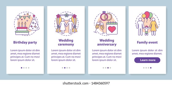 Event management & planning services onboarding mobile app page screen with concepts. Birthday party, wedding ceremony walkthrough graphic instructions. UX, UI, GUI vector template with illustrations