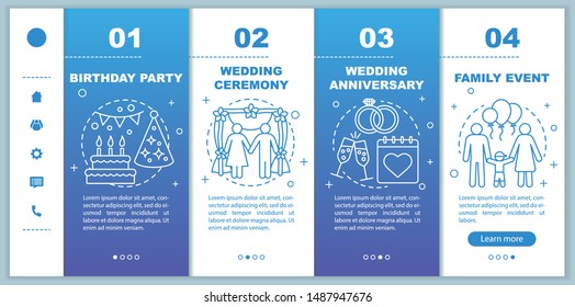 Event management & planning services onboarding mobile web pages vector template. Birthday party, wedding ceremony. Responsive smartphone website interface idea with linear illustrations. 