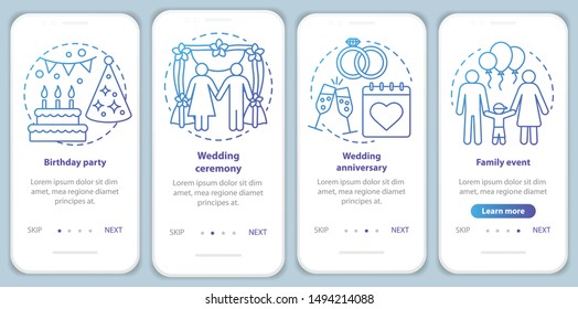 Event management & planning services onboarding mobile app page screen with concepts. Birthday party, wedding ceremony walkthrough graphic instructions. UX, UI, GUI vector template with illustrations