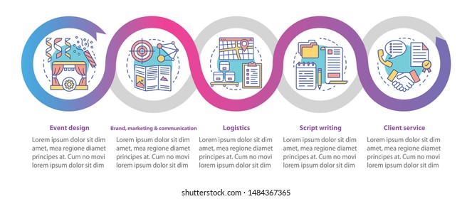 Event management, planning vector infographic template. Brand, marketing and communication, client service. Data visualization with five step. Process timeline chart. Workflow layout with linear icons