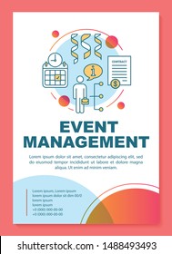 Event management poster template layout. Seminar, business meeting planning. Banner, booklet, leaflet print design with linear icons. Vector brochure page layouts for magazines, advertising flyers