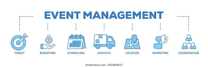 Event management web banner icon vector illustration concept consists of target, budgeting, scheduling, logistics, location, marketing, and coordination icon live stroke and easy to edit