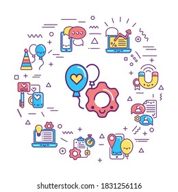 Banner web de administración de eventos. Infografía con iconos lineales sobre fondo blanco. Concepto creativo. Ilustración de color de contorno aislado.