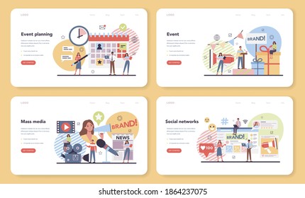 Event management web banner or landing page set. Celebration or meeting organization. Planning of pr company for business. Mass media and social network promotion. Isolated vector illustration