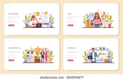 Event management web banner or landing page set. Holiday, ceremony or corporate meeting organization. PR company or business conference planning. Isolated vector illustration