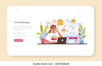 Event management web banner or landing page. Holiday, ceremony or corporate meeting organization. PR company or business conference planning. Isolated vector illustration