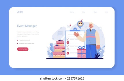 Event management web banner or landing page. Holiday, ceremony or corporate meeting organization. PR company or business conference planning. Isolated vector illustration