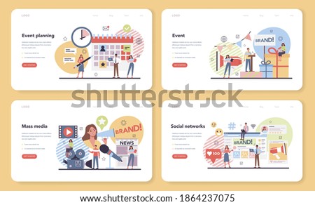 Event management web banner or landing page set. Celebration or meeting organization. Planning of pr company for business. Mass media and social network promotion. Isolated vector illustration