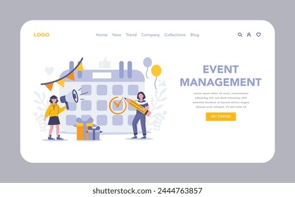 Web de administración de eventos o página de inicio. Orquestar eventos atractivos a través de la planificación estratégica, promoción y ejecución. Celebrar hitos corporativos con reuniones impactantes. Vector.