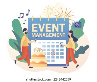 Event management. Wedding planner. Professional organizer. Manager planning event, conference or party. Schedule. Modern flat cartoon style. Vector illustration on white background