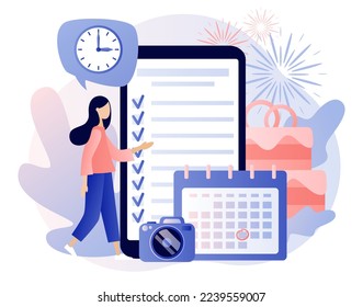 Event management. Wedding planner in smartphone app. Manager planning event, conference or party. Professional organizer. Schedule. Modern flat cartoon style. Vector illustration on white background