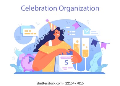 Event managemer concept. Entertainment specialist organizing a holiday, celebration, ceremony or corporate meeting. PR company or event planning. Flat vector illustration