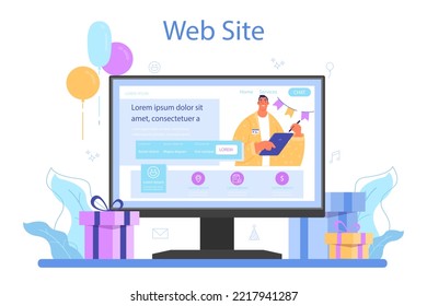 Event managemer online service or platform. Entertainment specialist organizing a holiday, celebration, ceremony or corporate meeting. Website. Flat vector illustration
