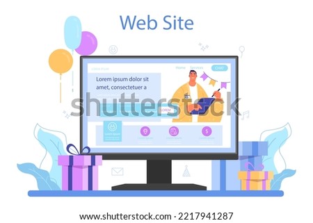 Event managemer online service or platform. Entertainment specialist organizing a holiday, celebration, ceremony or corporate meeting. Website. Flat vector illustration