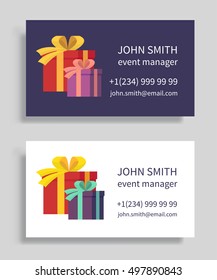 Event manager business card with gift boxes. Holidays organization, party management. Vector illustration.