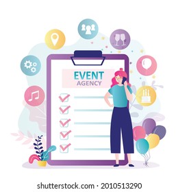 Event manager discusses details of event or party with client. Girl provides services for organizing decor and banquets. To-do list with completed tasks. Event agency concept. Flat vector illustration
