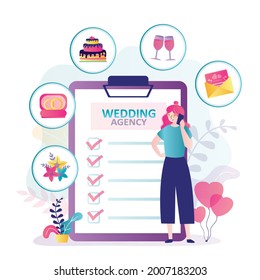 Event manager discusses details of wedding ceremony with client. Girl provides services for organizing decor and banquets. To-do list with completed tasks. Wedding agency concept. Vector illustration