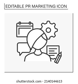 Event manager line icon. Person responsible for coordinating and arranging events, parties, press conferences. HR worker. PR marketing concept. Isolated vector illustrations. Editable stroke