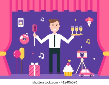 Event Manager on Stage Surrounded by Party Objects. Management and Agency Illustration