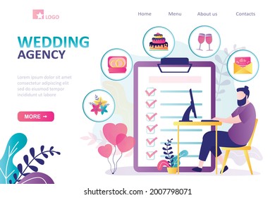 Event manager organizes wedding. Organizer clarifies details of event with clients. Wedding agency provides various services. Organization of celebrations. Landing page template. Vector illustration