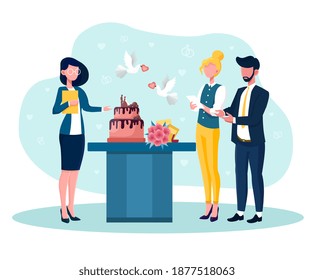Event Manager präsentiert Veranstaltungsplan für die Feier. Konzept der Feier oder der Veranstaltung. Kuchen und Blumen. Flaches Cartoon, Vektorgrafik