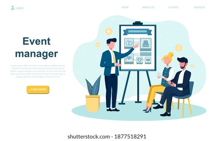 Event manager presenting event plan on board. Concept of celebration or meeting organization. Plan pr company for business. Website, web page, landing page template. Flat cartoon vector illustration