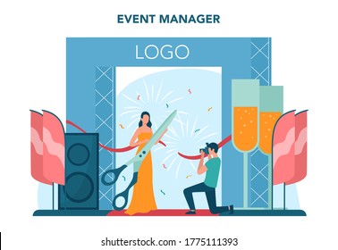 Event manager or service concept. Celebration or meeting organization. Planning of pr company for business. Creative modern profession. Isolated vector illustration