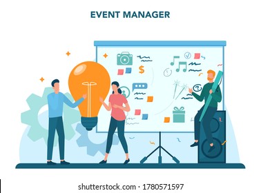 Event manager or service concept. Celebration or meeting organization. Planning of pr company for business. Creative modern profession. Isolated vector illustration