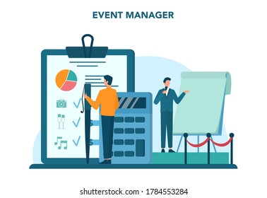 Event manager or service concept. Celebration or meeting organization. Planning of pr company for business. Creative modern profession. Isolated vector illustration