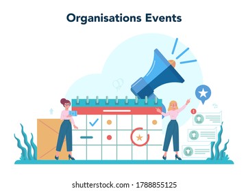 Event manager or service concept. Celebration or meeting organization. Planning of pr company for business. Creative modern profession. Isolated vector illustration
