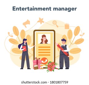 Event manager or service concept. Celebration or meeting organization. Planning of pr company for business. Creative modern profession. Isolated vector illustration