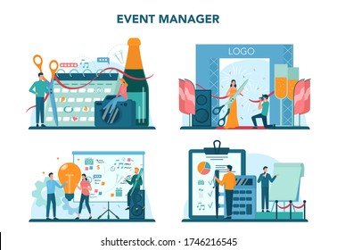 Event manager or service concept set. Celebration or meeting organization. Planning of pr company for business. Creative modern profession. Isolated vector illustration