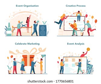 Event manager or service concept set. Celebration or meeting organization. Planning of pr company for business. Creative modern profession. Isolated vector illustration