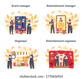 Event manager or service concept set. Celebration or meeting organization. Planning of pr company for business. Creative modern profession. Isolated vector illustration