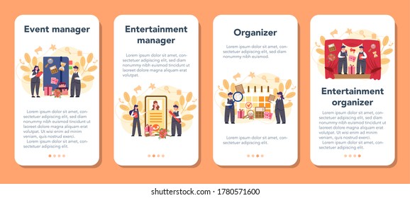 Event manager or service mobile application banner set. Celebration or meeting organization. Planning of pr company for business. Creative modern profession. Isolated vector illustration