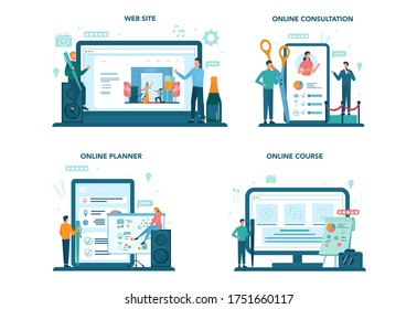 Administrador de eventos o servicio en línea o conjunto de plataformas. Celebración u organización de reunión. Sitio web, consulta en línea, planificación en línea y curso. Ilustración vectorial aislada