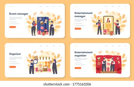Administrador de eventos o conjunto de banner web o página de inicio del servicio. Celebración u organización de reunión. Planificación de empresa por negocio. Una profesión creativa y moderna. Ilustración vectorial aislada