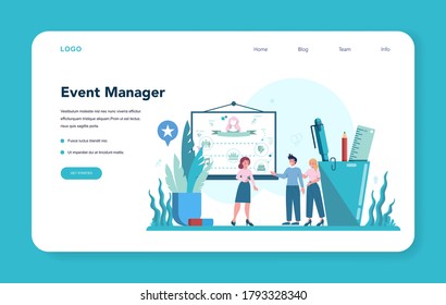 Event manager or service web banner or landing page. Celebration or meeting organization. Planning of pr company for business. Creative modern profession. Isolated vector illustration