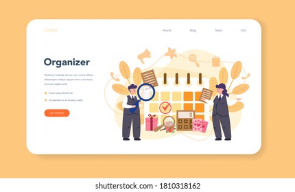Event manager or service web banner or landing page. Celebration or meeting organization. Planning of pr company for business. Creative modern profession. Isolated vector illustration