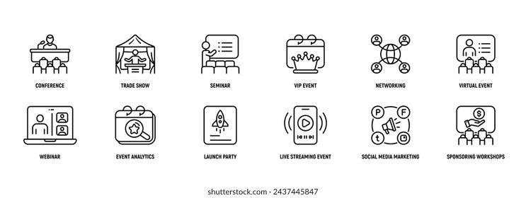 Event Marketing icon Line Icon Set, Editable Stroke. Conference, Trade, Show, Seminar, Vip, Event, Networking, Strategy.